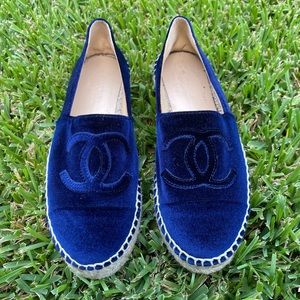 CHANEL Velvet Espadrilles Flats Navy Blue sz 38
